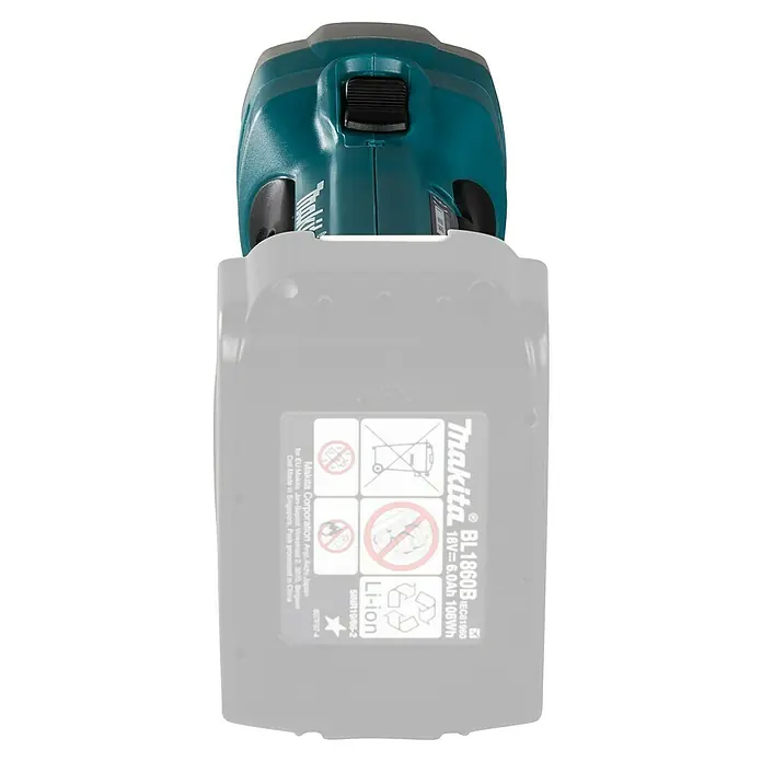 Makita LXT 18V Akku-Blechschere DJS101Z - 18 V, Ohne Akku, Leerlaufhubzahl: 4.300 /min - Nahaufnahme eines Makita BL1860B Akkus. Ideal für Elektrowerkzeuge, bietet er 18V Leistung und 6.0Ah Kapazität für längere Laufzeiten.