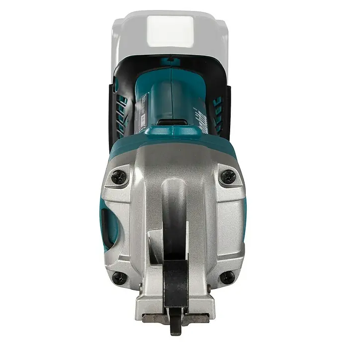 Makita LXT 18V Akku-Blechschere DJS101Z - 18 V, Ohne Akku, Leerlaufhubzahl: 4.300 /min - Nahaufnahme einer elektrischen Blechschere, die Details des Schneidkopfes und des Gehäuses hervorhebt. Präzises Werkzeug für Metallarbeiten.