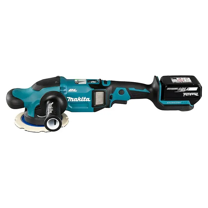 Makita LXT 18V Pulidora excéntrica de batería DPO600TKX1 - 2 baterías, 5 Ah - Imagen de una pulidora inalámbrica Makita con una batería de 18V. La pulidora es azul y negra y tiene una empuñadura lateral.