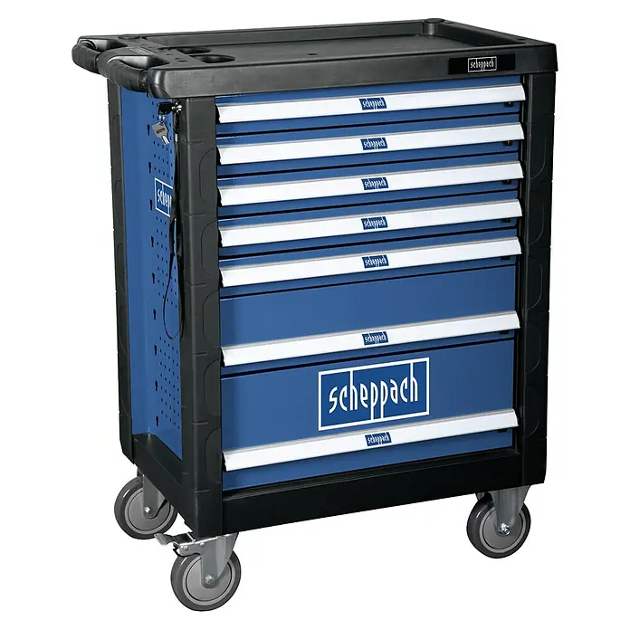 Scheppach Werkstattwagen TW 1000 - L x B x H: 77 x 46 x 97 cm, Stahl, 263 -tlg. - Bild eines blauen Scheppach Werkzeugwagens mit sieben Schubladen und Rollen für einfachen Transport in Werkstätten.