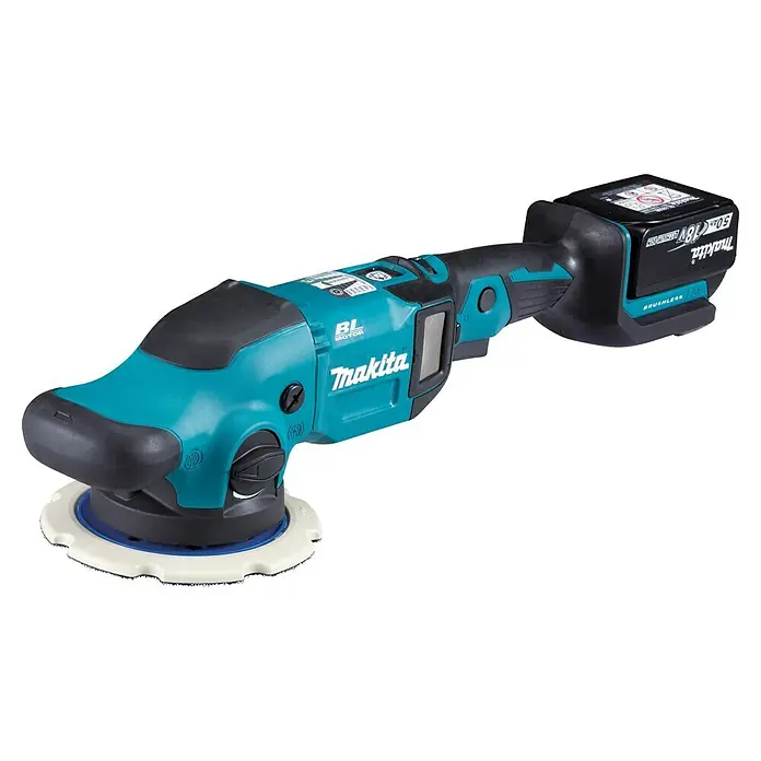Makita LXT 18V Akku-Exzenterpolierer DPO600TKX1 - 2 Akkus, 5 Ah - Akkubetriebene Poliermaschine von Makita mit blaugrüner Karosserie und schwarzem Griff mit Akku.