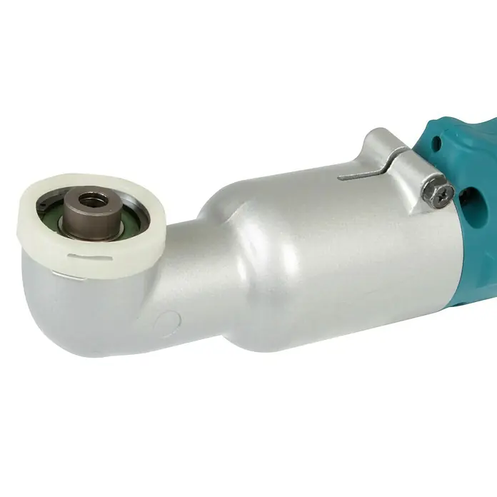 Makita LXT 18V Akku-Schlagschrauber DTL061Z - 18 V, Ohne Akku, 60 Nm - Detailaufnahme eines Winkelschleifers mit silbernem Gehäuse und blaugrünen Akzenten, ideal für präzise Schleifarbeiten.