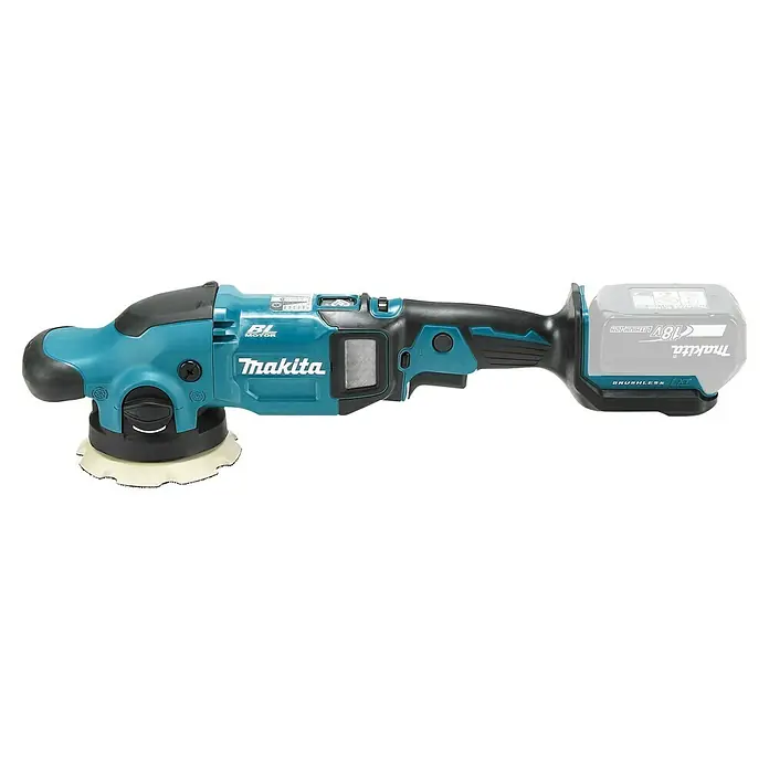 Makita LXT 18V Akku-Exzenterpolierer DPO500Z - 18 V, Ohne Akku - Akkubetriebener Exzenterschleifer von Makita. Das Gerät ist in den Farben Türkis und Schwarz gehalten und hat einen Schleifteller.