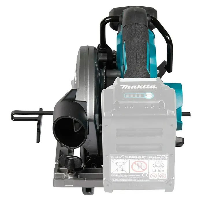 Makita XGT 40V max. Sierra circular de batería HS012GZ - 40 V, Sin batería, Diámetro hoja de sierra: 165 mm, 5.200 r.p.m. - Primer plano de una sierra circular inalámbrica Makita con batería adjunta, ideal para trabajos de madera precisos.