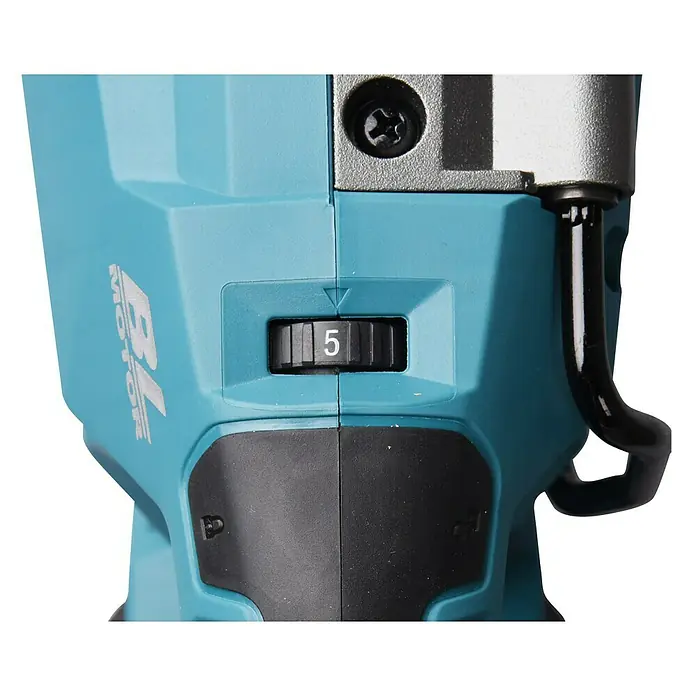Makita XGT 40V max. Akku-Säbelsäge JR002GZ - 40 V, Ohne Akku, Leerlaufhubzahl: 3.000 /min - Nahaufnahme des Drehzahlreglers einer Makita Akku-Schlagschraubers, eingestellt auf Stufe 5, mit BL Motor Kennzeichnung.