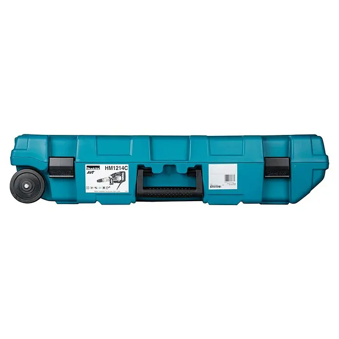 Makita Abbruchhammer HM1214C - 1.510 W, 19,9 J, SDS-Max-Aufnahme - Ein blauer Werkzeugkoffer von Makita mit Tragegriff, Rädern und Produktaufklebern. Praktisch für den Transport und die Aufbewahrung.