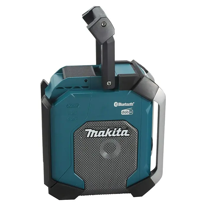 Makita Radio de batería para la obra MR007G - 40 V, Sin batería, 87,5 - 108 MHz (VHF/FM) - Imagen de una radio de construcción Makita con función Bluetooth y DAB+. Diseño duradero para uso en obras.