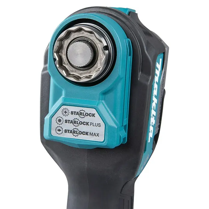 Makita XGT 40V max. Akku-Multifunktionswerkzeug ‎TM001GZ - 40 V, Ohne Akku - Nahaufnahme eines Makita-Multifunktionswerkzeugs mit Starlock-, Starlock Plus- und Starlock Max-Kompatibilität für vielseitige Anwendungen.