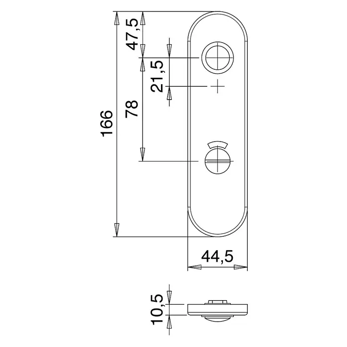Portaferm Langschild WC - Distanznorm: 78 mm, Schlitzkopf/Olive, Schwarz - Technische Zeichnung einer länglichen Montageplatte mit zwei Bohrungen, Maße: 166 x 44,5 x 10,5 mm.