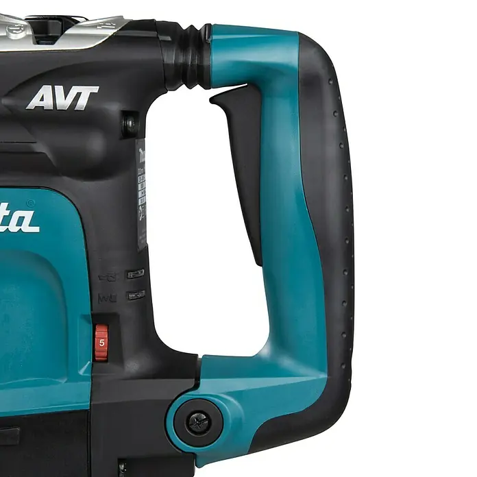 Makita Kombihammer HR3210FCT - 850 W, 4,9 J, SDS-Plus-Aufnahme - Nahaufnahme eines Makita AVT Abbruchhammers mit blau-schwarzem Griff.