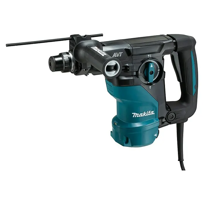 Makita Kombihammer HR3011FCJ - 1.050 W, 3,9 J, SDS-Plus-Aufnahme - Nahaufnahme eines Makita AVT Bohrhammers mit einem Bohrer, der für schwere Bohrarbeiten geeignet ist.