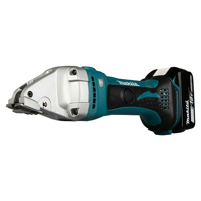 Makita LXT 18V Cizalla de batería DJS101 - 18 V, Sin batería, Número de carreras marcha en vacío: 4.300 /min - Primer plano de una cizalla de metal inalámbrica Makita DJS161Z con una batería de 18V, perfecta para cortar láminas con precisión.