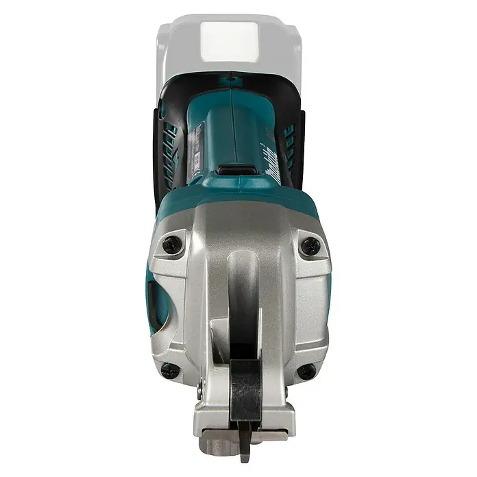 Makita LXT 18V Akku-Blechschere DJS161Z - 18 V, Ohne Akku, Leerlaufhubzahl: 4.300 /min - Nahaufnahme einer Makita Stichsäge, die Details der Bauweise und des Designs hervorhebt. Ideal für Handwerker und DIY-Enthusiasten.