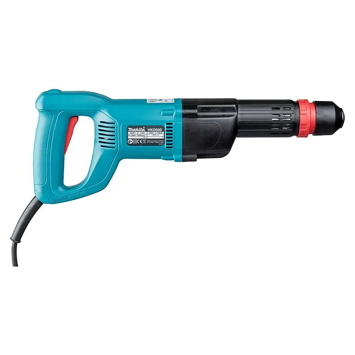 Makita Martillo combinado HK0500 - 550 W, 1,8 J, Alojamiento SDS-Plus - Primer plano de un martillo demoledor Makita HK0500 con mango azul y cuerpo negro con detalles en rojo.