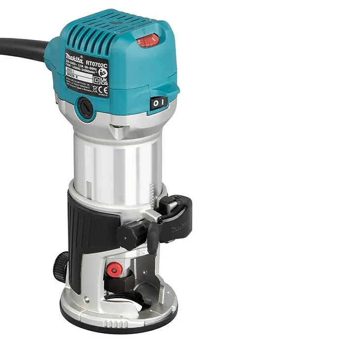 Makita Fresadora eléctrica RT0702CX2J - 710 W, 10.000 r.p.m. - 34.000 r.p.m., Diámetro del portaherramientas: 6 mm - 8 mm - Recortadora de cantos Makita RT0702C, una herramienta eléctrica práctica para trabajos de madera precisos y procesamiento de cantos.