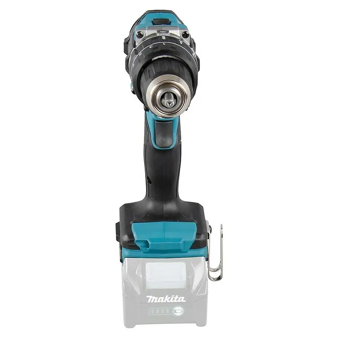 Makita XGT 40V max. Akku-Schlagbohrschrauber HP002GZ - 40 V, Ohne Akku, 64 Nm - Nahaufnahme einer Makita Akku-Bohrmaschine mit Bohrfutter und Akkupack.