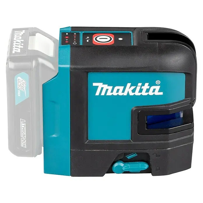 Makita CXT 12V max. Nivel láser en cruz SK105D - 12 V, Sin batería, Zona de trabajo máx.: 25 m - Imagen de un nivel láser de líneas cruzadas Makita con una batería de iones de litio de 12V máx. Ideal para nivelación y alineación.