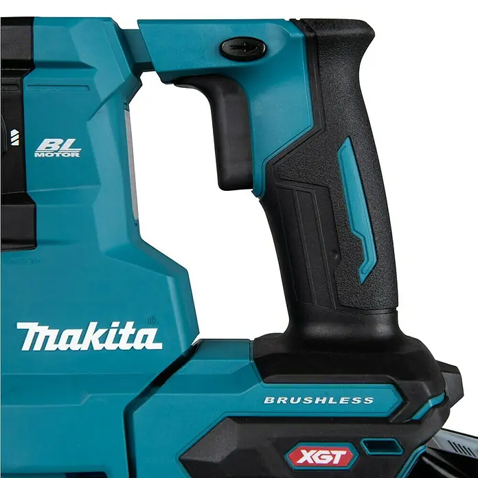 Makita XGT 40V max. Akku-Kombihammer HR010GZ - 40 V, Ohne Akku, 2,1 J - Nahaufnahme eines Makita-Akkubohrhammers mit BL Motor, Brushless Technologie und XGT Akku, ideal für professionelle Anwendungen.