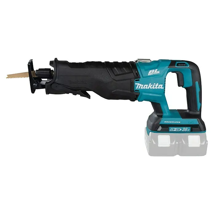 Makita LXT 18V Akku-Säbelsäge DJR360ZK - 36 V, Ohne Akku - Makita Akku-Reciprosäge mit einer leuchtend blauen Farbe und einem schwarzen Gehäuse, das auf einem transparenten Hintergrund dargestellt ist.