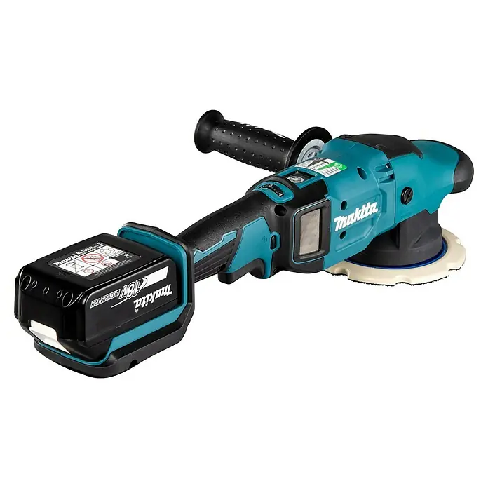 Makita LXT 18V Pulidora excéntrica de batería DPO600TKX1 - 2 baterías, 5 Ah - Pulidora inalámbrica Makita con empuñadura lateral y batería, ideal para el cuidado del vehículo y el acabado de superficies.