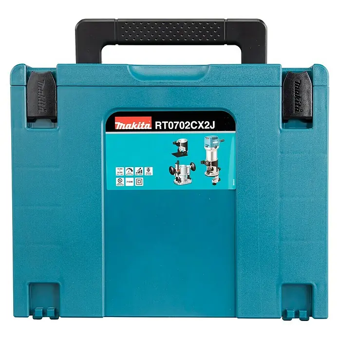 Makita Oberfräse RT0702CX2J - 710 W, 10.000 U/min - 34.000 U/min, Frästiefe: 0 mm - 40 mm - Bild eines Makita RT0702CX2J Trimmer-Kits in einer blauen Aufbewahrungsbox. Ideal zum Trimmen und Bearbeiten von Holz.