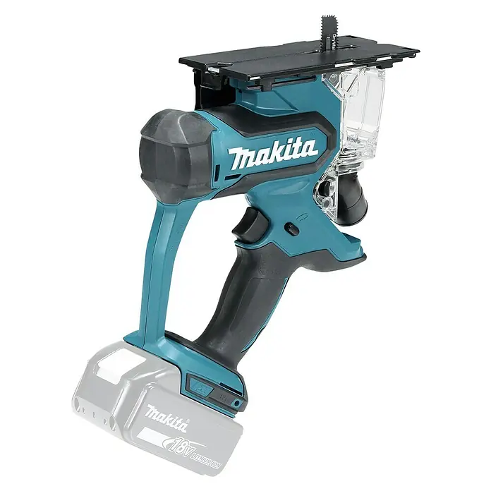 Makita LXT 18V Sierra de batería DSD180Z - 18 V, Sin batería, Número de carreras marcha en vacío: 6.000 /min, Profundidad de corte: 30 mm - Esta imagen muestra un cortador de paneles de yeso Makita, una herramienta inalámbrica perfecta para cortar paneles de yeso y otros materiales de construcción.