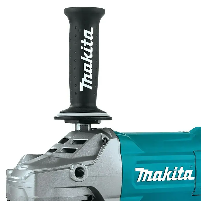 Makita Elektro-Winkelschleifer GA9070X1 - 2.800 W, Durchmesser Scheibe: 230 mm, Leerlaufdrehzahl: 0 U/min - 6.600 U/min - Abbildung eines Makita Winkelschleifers mit blaugrünem Gehäuse und silberfarbenem Schleifkopf sowie einem schwarzen Griff mit dem Makita Logo.