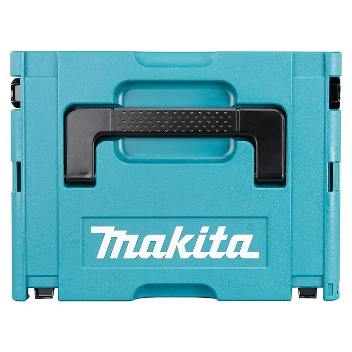 Makita XGT 40V max. Akku-Tauchsäge im MAKPAC SP001GZ03 - 40 V, Ohne Akku, Durchmesser Sägeblatt: 165 mm, 2.500 U/min - Eine blaue Makita Werkzeugkiste mit schwarzem Griff und dem weißen Makita Logo. Die Kiste ist robust und stapelbar.