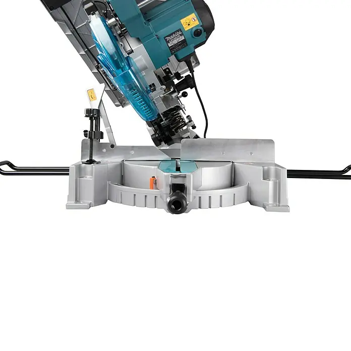 Makita Kapp- & Gehrungssäge LH1201FL - 1.650 W, Durchmesser Sägeblatt: 305 mm, Leerlaufdrehzahl: 0 U/min - 3.800 U/min - Nahaufnahme einer Makita Kapp- und Gehrungssäge, ideal für präzise Holzarbeiten.