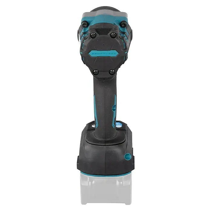 Makita XGT 40V max. Llave de impacto de batería TW007GZ - 40 V, Sin batería, 760 Nm - Primer plano de una llave de impacto inalámbrica, que muestra un diseño robusto y ergonómico en negro y verde azulado. Ideal para tareas de atornillado pesadas.