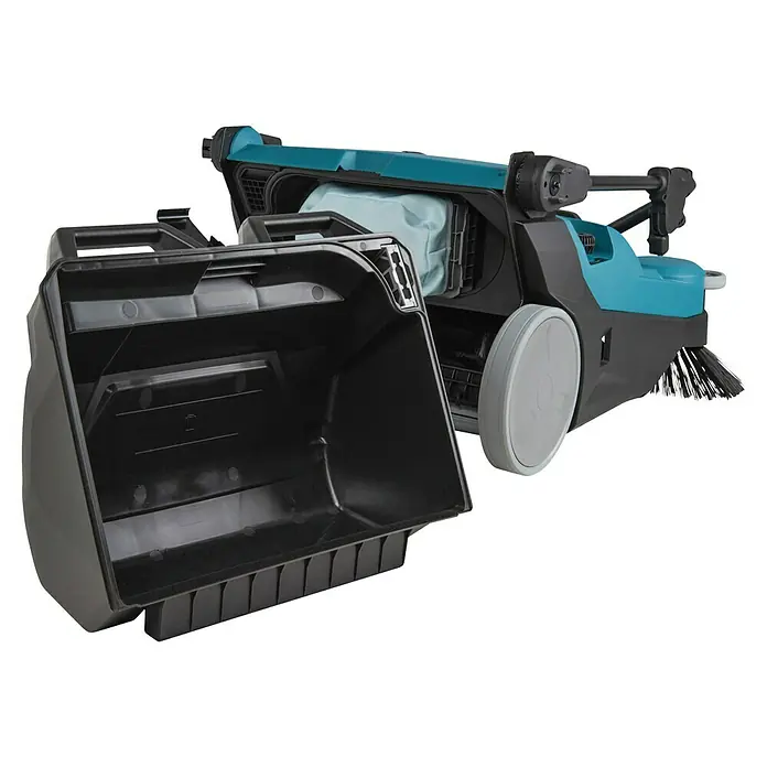 Makita XGT 40V max. Akku-Handkehrmaschine VS001GZ - 40 V, Arbeitsbreite: 650 mm, 24 l - Nahaufnahme einer akkubetriebenen Kehrmaschine mit herausgezogenem Auffangbehälter. Das Gerät ist in Schwarz und Türkis gehalten.