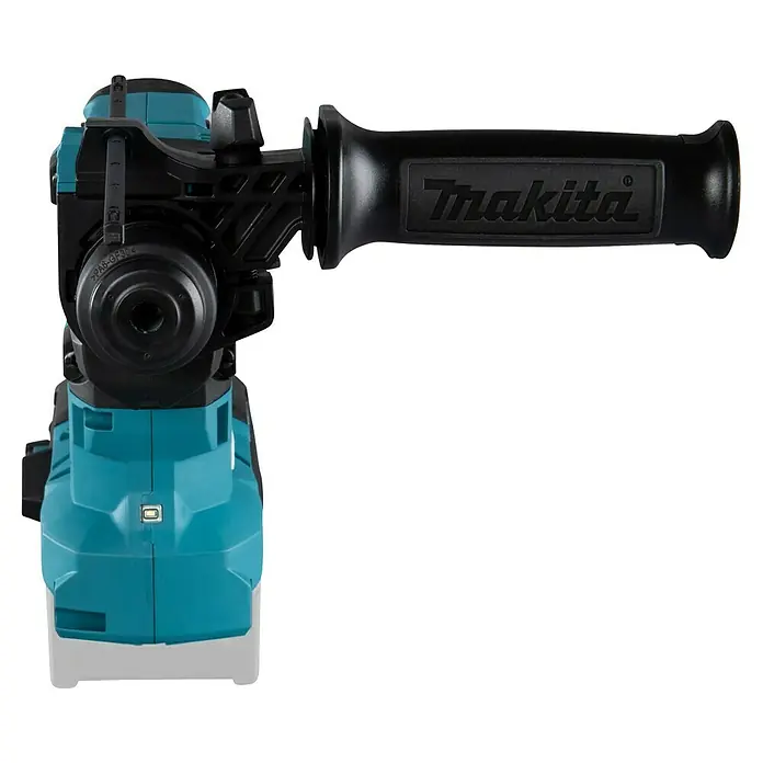 Makita XGT 40V max. Akku-Kombihammer HR010GZ - 40 V, Ohne Akku, 2,1 J - Das Bild zeigt eine Makita Winkelbohrmaschine mit blaugrünem Gehäuse und einem schwarzen Griff.