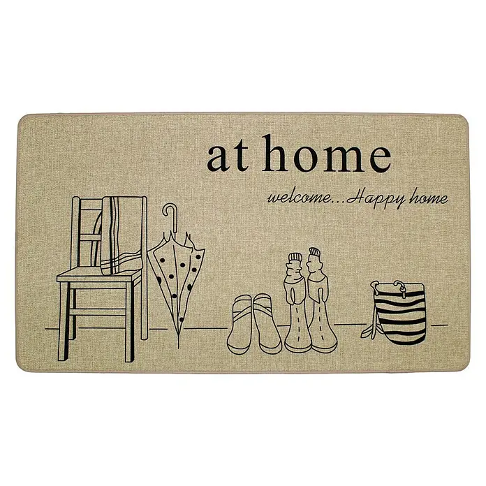 Felpudo antideslizante de cocina Verona Home - Marrón, 70 x 40 cm - Felpudo beige con estampado "at home", un dibujo lineal de muebles y las letras "welcome...Happy home".