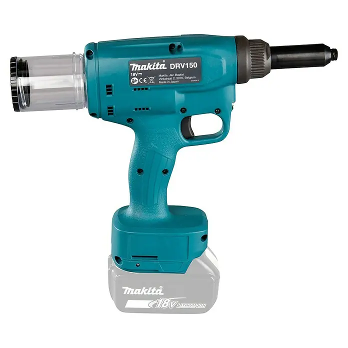 Makita LXT 18V Pistola remachadora de batería DRV150Z - 18 V, Sin batería - Remachadora inalámbrica Makita DRV150 en verde azulado, con una batería de 18V, ideal para tareas de remachado.