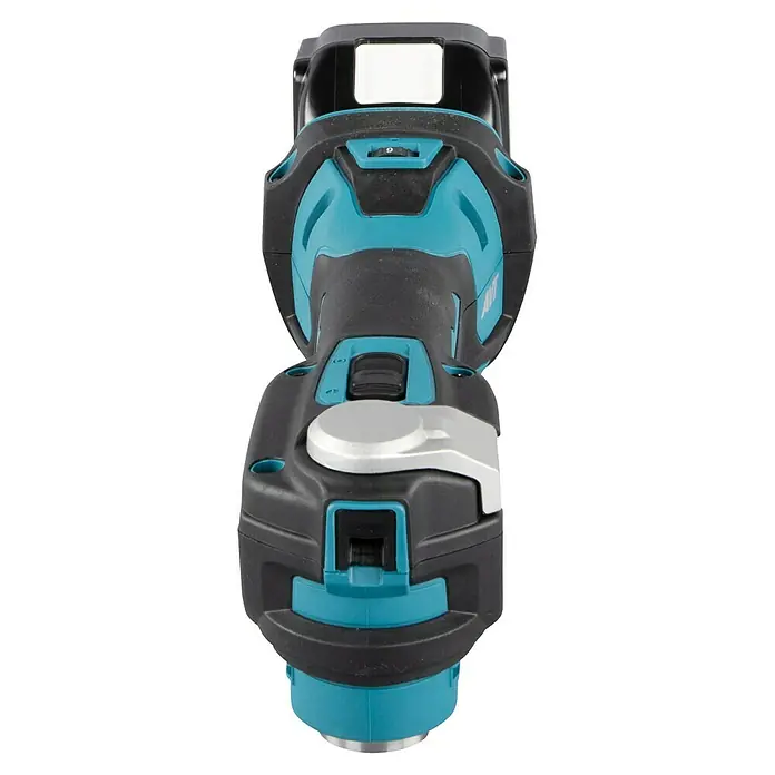Makita LXT 18V Multiherramienta de batería DTM52RTJX2 - 18 V, 1 batería - Primer plano de una herramienta eléctrica Makita azul y negra, conocida por su tecnología AVT, centrada en la estabilidad.