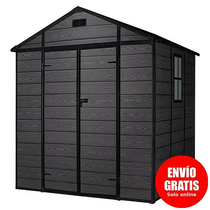 Hoggar Caseta de jardín One 4.6 Black - Medidas ext. (An x Pr): 229 x 200 cm, Plástico, Negro, Área: 4,6 m² - Una caseta de jardín gris con doble puerta y ventana, ideal para guardar herramientas y equipos de jardín en exteriores.