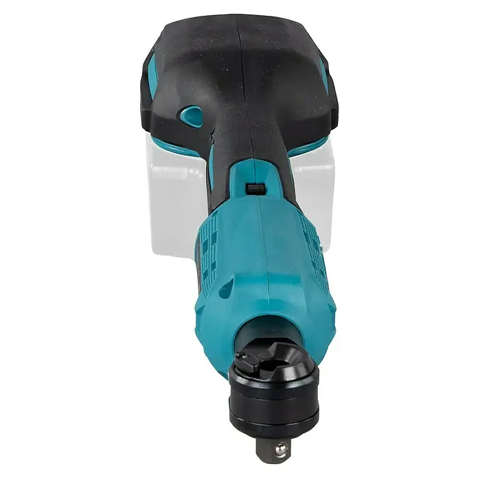 Makita LXT 18V Akku-Ratschenschrauber DWR180Z - 18 V, Ohne Akku - Nahaufnahme eines Akku-Ratschenschraubers in Schwarz und Türkis. Das Werkzeug liegt im Fokus, ideal für Handwerker und Werkzeugliebhaber.