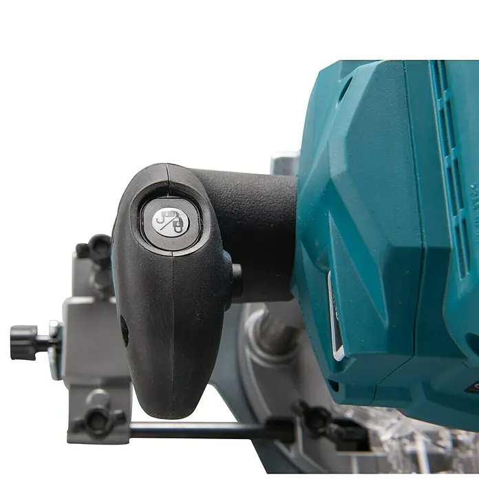 Makita Oberfräse RP001GZ - 40 V, 1 Akku - Nahaufnahme einer Kapp- und Gehrungssäge in Türkis und Schwarz, die Details der Bedienelemente zeigt.