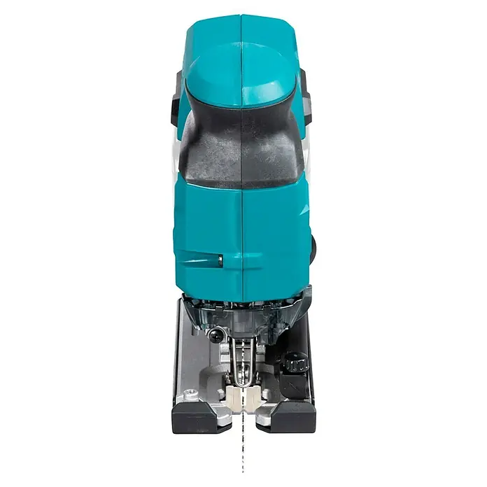 Makita XGT 40V max. Akku-Pendelhubstichsäge JV001GZ - 40 V, Ohne Akku, Leerlaufhubzahl: 800 /min - 3.500 /min - Eine Nahaufnahme einer Stichsäge mit türkisfarbenem Gehäuse und Metallsägeblatt. Ideal für präzise Holzschnitte.
