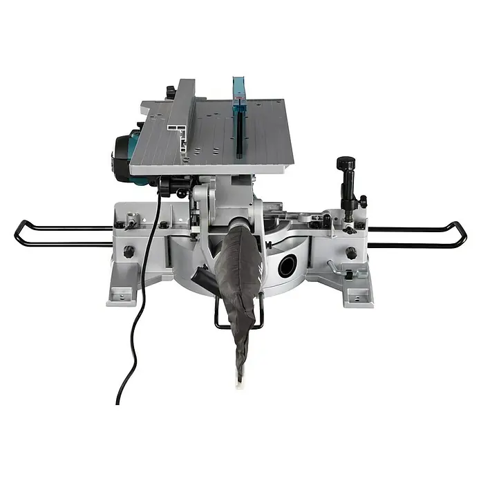 Makita Kapp- & Gehrungssäge LH1201FL - 1.650 W, Durchmesser Sägeblatt: 305 mm, Leerlaufdrehzahl: 0 U/min - 3.800 U/min - Das Bild zeigt eine Paneelsäge. Die Säge verfügt über einen integrierten Staubsauger und eine seitliche Führungsschiene.