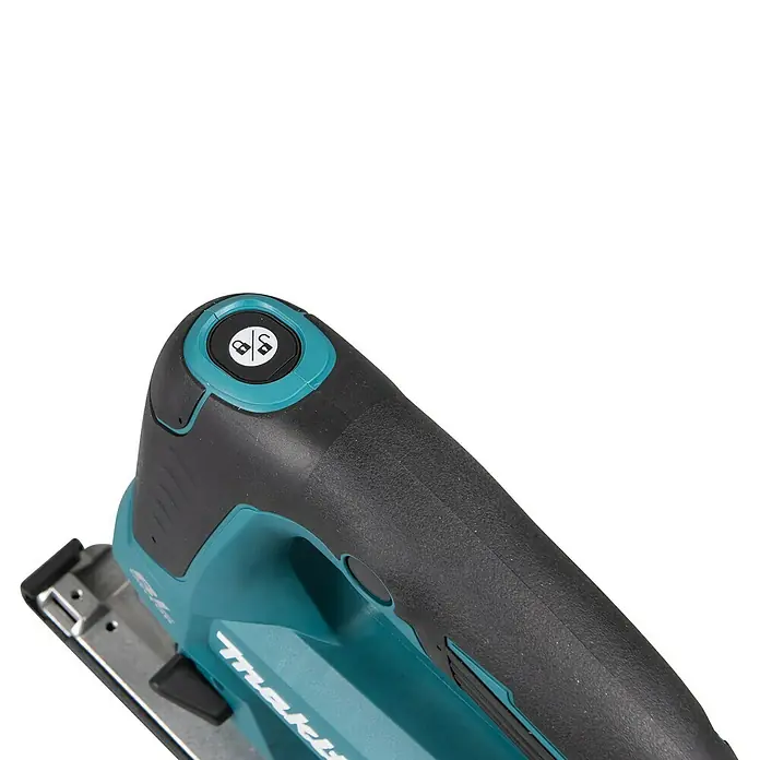Makita LXT 18V Akku-Pendelhubstichsäge DJV184Z - 18 V, Li-Ionen, Anzahl Akkus: Ohne Akku, Leerlaufhubzahl: 0 /min - 3.000 /min - Nahaufnahme einer Makita Stichsäge, die Details wie den Griff und die Bedienelemente hervorhebt. Ideal für Handwerker und Heimwerker.