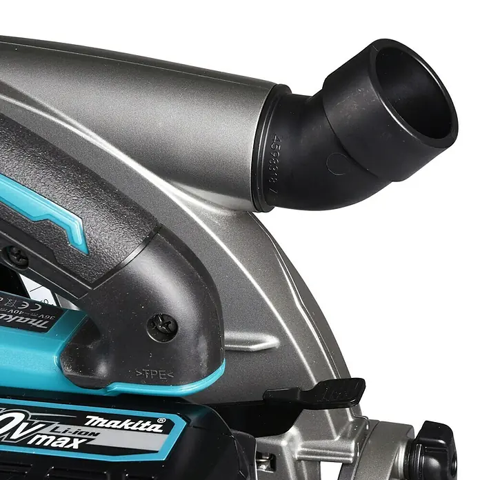 Makita XGT 40V max. Akku-Handkreissäge HS011GZ - 40 V, Ohne Akku, Durchmesser Sägeblatt: 260 mm - 270 mm, 3.500 U/min - Detailaufnahme einer Makita Akku-Handkreissäge, die die hochwertige Verarbeitung und das robuste Design des Werkzeugs hervorhebt.