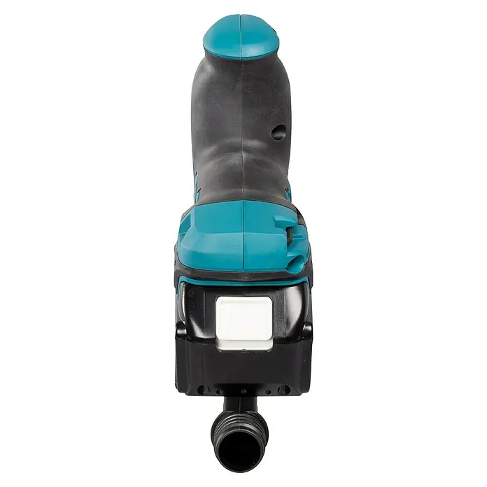 Makita LXT 18V Akku-Pendelhubstichsäge DJV185RF1J - 18 V, Li-Ionen, Anzahl Akkus: 1 Akku, Leerlaufhubzahl: 800 /min - 3.000 /min - Nahaufnahme einer türkisfarbenen und schwarzen Makita Akku-Druckluftpumpe, die ein kompaktes, tragbares Design für einfaches Aufpumpen zeigt.