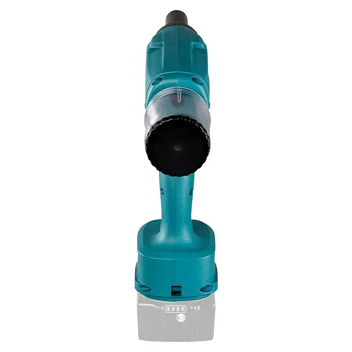 Makita LXT 18V Akku-Blindnietpistole DRV150Z - 18 V, Ohne Akku - Nahaufnahme eines türkisblauen Akku-Schlagschraubers mit schwarzem Bohrfutter und transparentem Gehäuse.