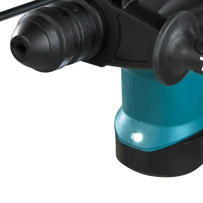 Makita Kombihammer HR3210FCT - 850 W, 4,9 J, SDS-Plus-Aufnahme - Nahaufnahme einer blauen Bohrmaschine mit schwarzem Bohrfutter und LED-Licht, ideal für präzise Bohrarbeiten.