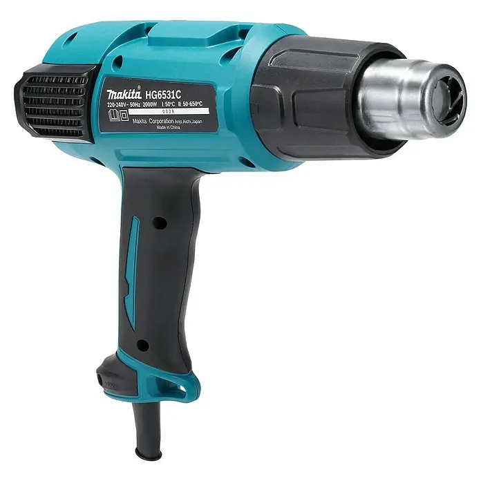 Makita Heißluftgebläse HG6531CK - 2.000 W, Temperaturbereich: 50 °C - 650 °C - Abbildung einer Makita HG6531C Heißluftpistole in blau-schwarz, ideal für verschiedenste Anwendungen mit präziser Temperaturregelung.