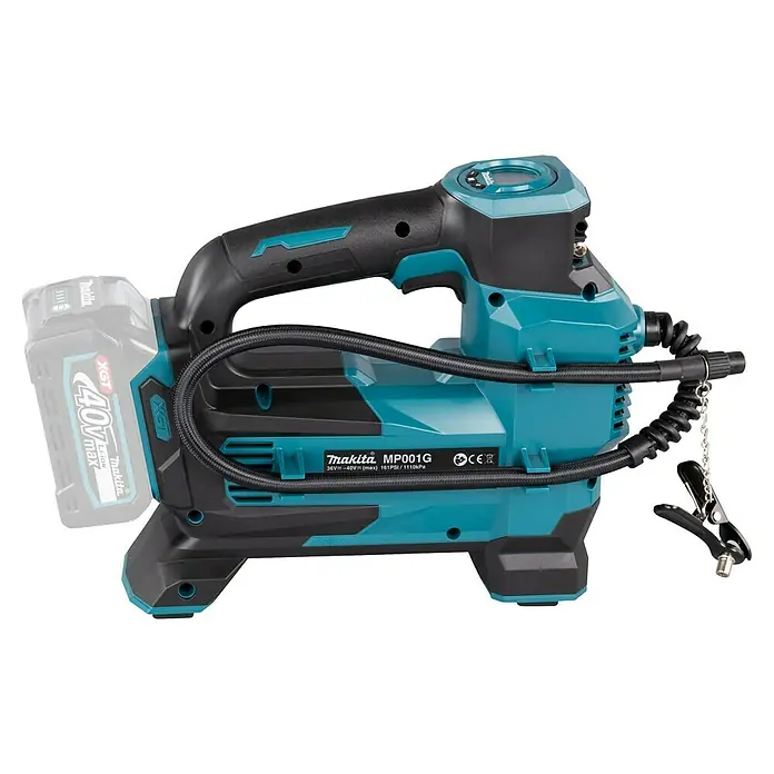 Makita XGT 40V max. Akku-Kompressor MP001GZ - 40 V, Ohne Akku, 11,1 bar - Makita MP001G Akku-Luftpumpe in Türkis und Schwarz mit Akku. Zum Aufpumpen von Reifen und anderen aufblasbaren Gegenständen.
