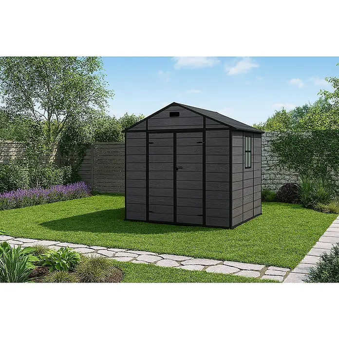 Hoggar Caseta de jardín One 4.6 Black - Medidas ext. (An x Pr): 229 x 200 cm, Plástico, Negro, Área: 4,6 m² - Un cobertizo espacioso de plástico gris con una puerta doble y ventana, ideal para guardar herramientas y muebles de jardín. Solución de almacenamiento durable.