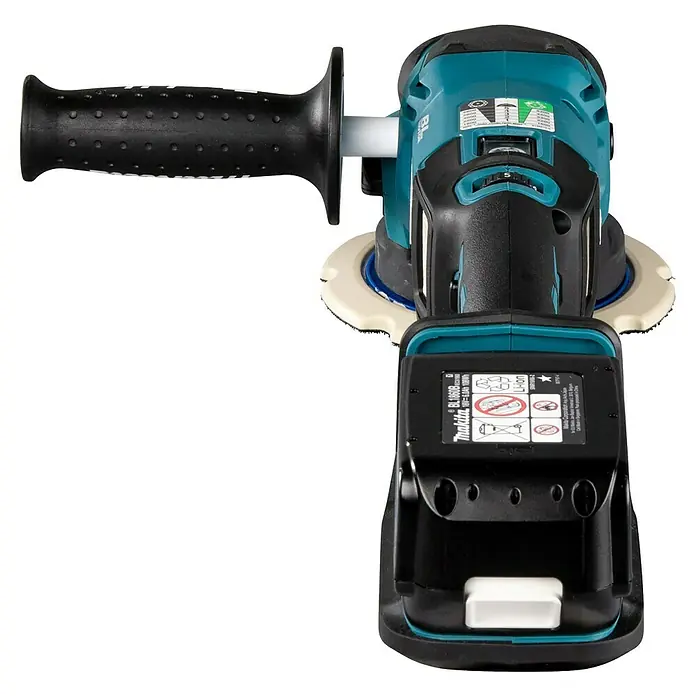 Makita LXT 18V Pulidora excéntrica de batería DPO600TKX1 - 2 baterías, 5 Ah - Vista superior de una pulidora inalámbrica Makita con asa auxiliar y almohadilla de pulido, perfecta para el cuidado del automóvil y el acabado de superficies.