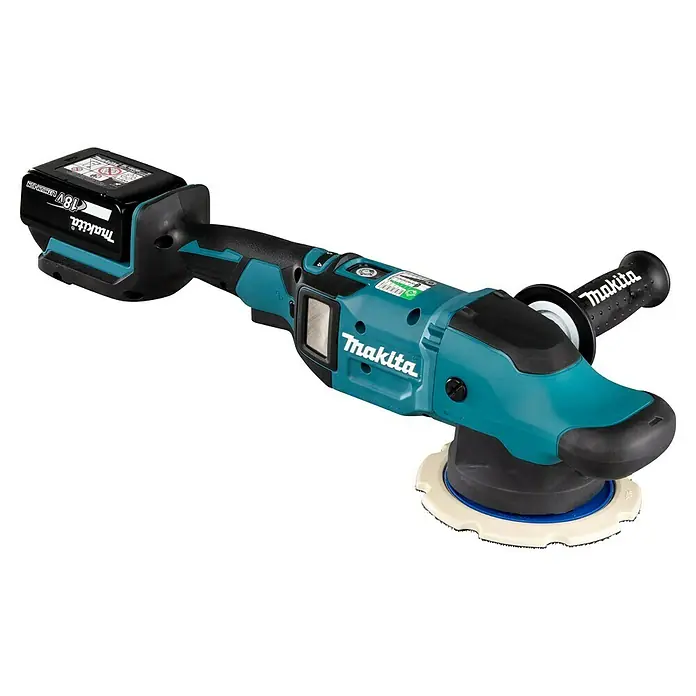 Makita LXT 18V Akku-Exzenterpolierer DPO600TKX1 - 2 Akkus, 5 Ah - Akku-Poliermaschine von Makita mit Akku und Griff. Das Gerät ist in türkis-schwarz gehalten und ideal zum Polieren von Oberflächen.